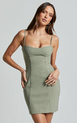 Evie Mini Dress - Adjustable Sleeve Cup Bust Shift Dress in Olive