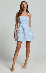 Kyra Mini Dress - Square Neck Open Back Jacquard Mini Dress in Light Blue