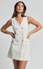 Adriana Mini Dress - Sleeveless V Neck Boucle Dress in Cream