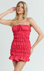 Aphrodite Mini Dress - Tie Front Gathered Dress in Red