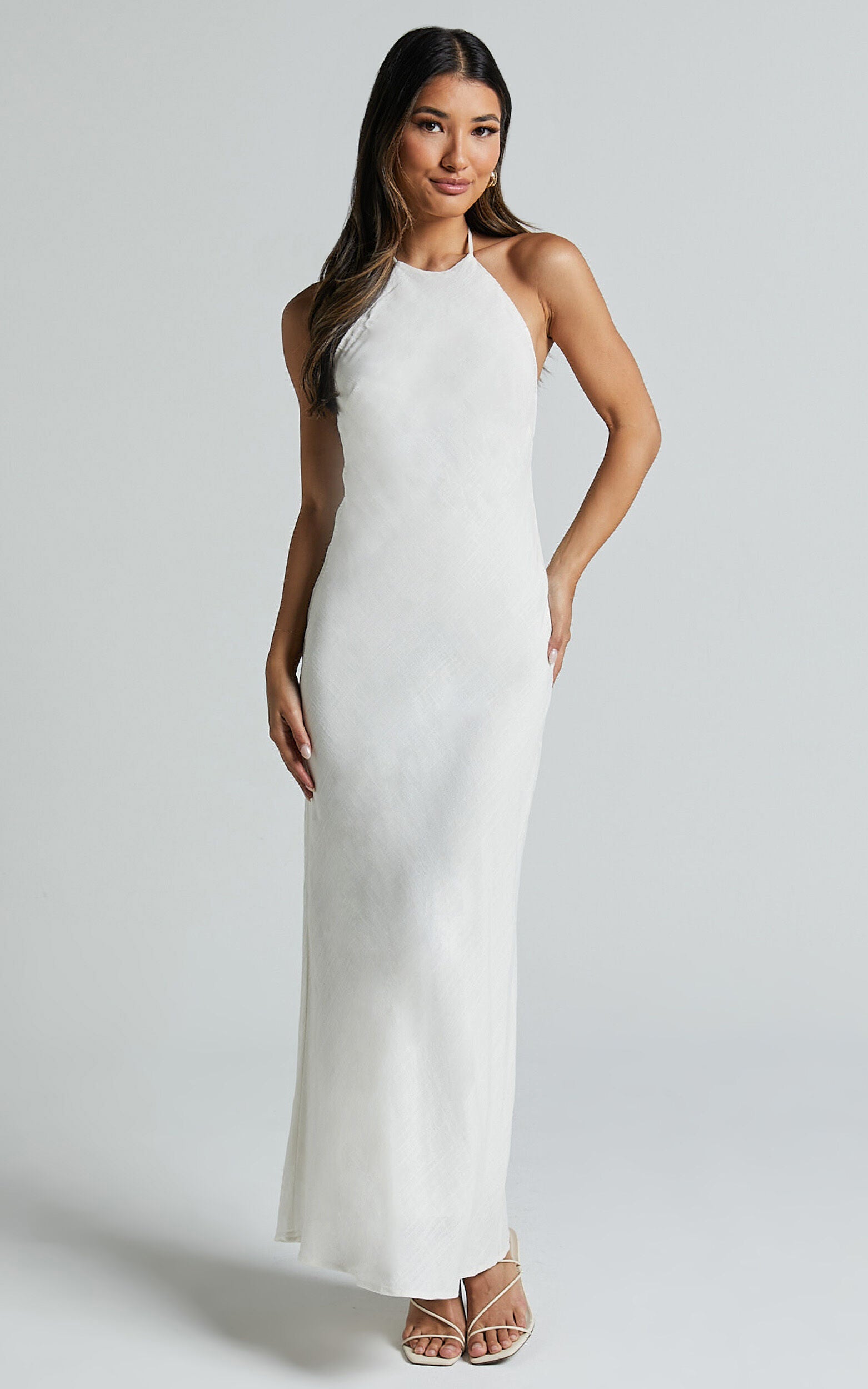 Cyrena Maxi Dress - Linen Halter Neck Sleeveless Slip Dress in Off White