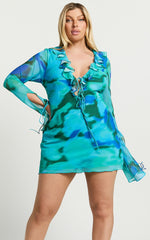Alesya Mini Dress - Ruffle Plunge Neck Long Sleeve Tie Detail Dress in Blue Floral Print