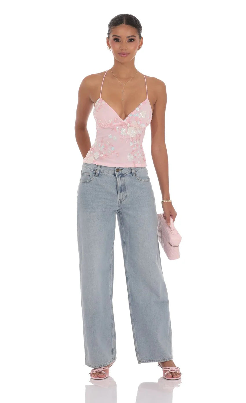 Open Back Sequin Floral Top in Pink