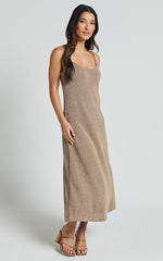 Jessie Midi Dress - Knitted Strappy Scoop Neck Slip Dress in Mushroom