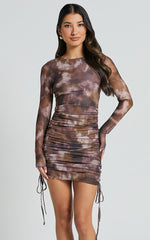 Amira Mini Dress - Ruched Mesh Dress in Rustic Haze Print
