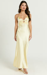 Charvie Midi Dress - V Neck Cut Out Detail Satin Slip Dress in Lemon