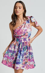 Alice Mini Dress - One Shoulder Side Cut Out Dress in Vintage Garden Print