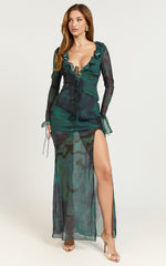 Katie Maxi Dress - Ruffle Plunge Neck Long Sleeve Dress in Green