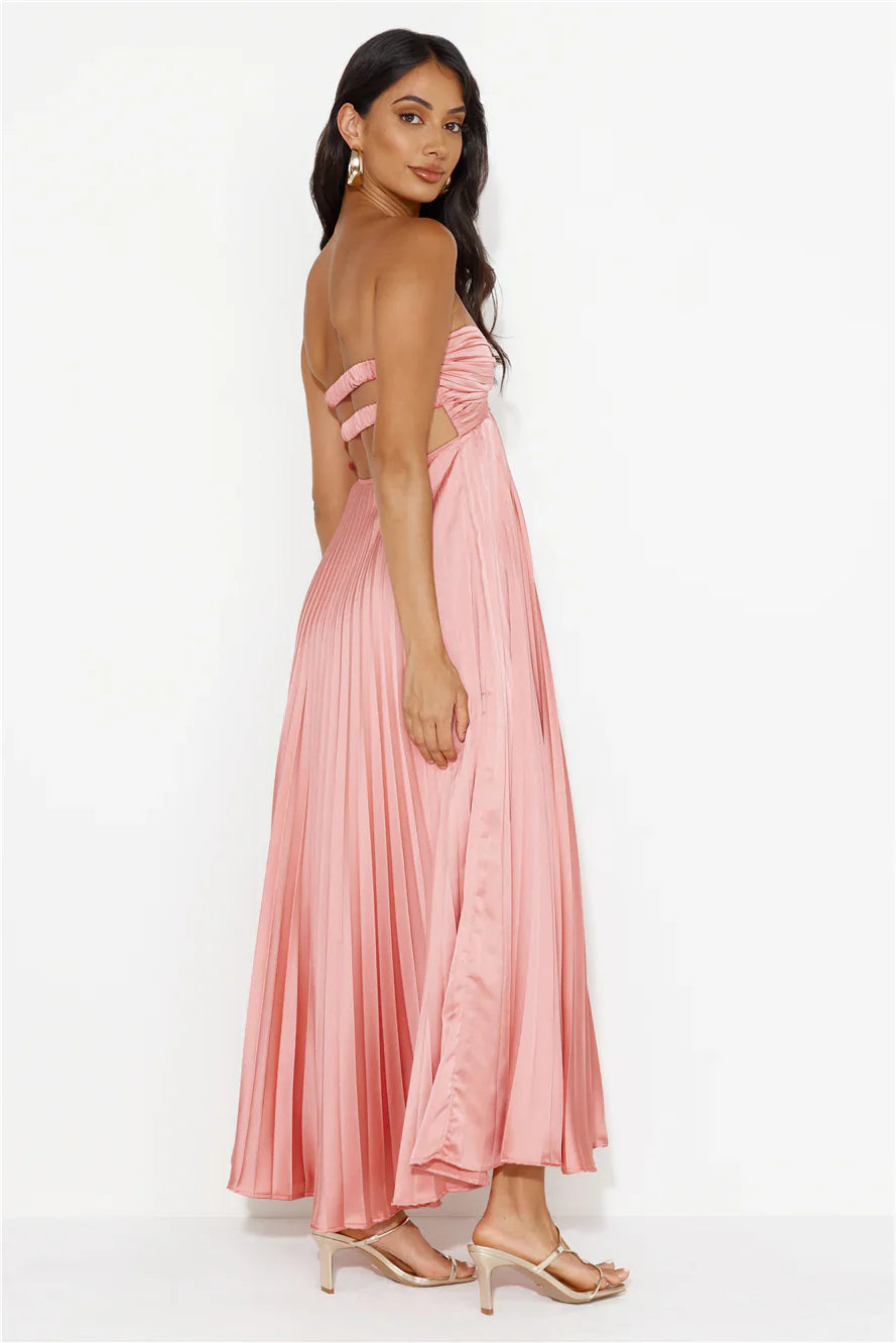 Clouds Of Love Strapless Pleated Maxi Dress Pink