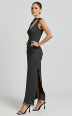 Pia Midi Dress - Twist Neck Cut Out Bodycon Dress in Charcoal