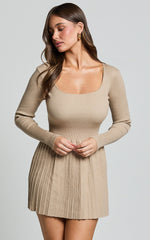 Andi Mini Dress - Long Sleeve A Line Pleated Knit Mini Dress in Beige