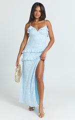 Braelyn Maxi Dress - Ruffle Low Back Dress in Blue
