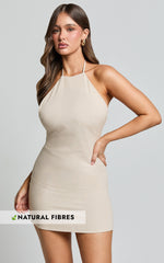 Alana Mini Linen Dress - Halter Neck A Line Dress in Natural