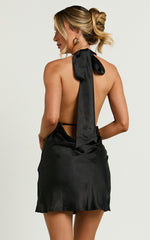 Isabella Mini Dress - Plunge Neck Back Tie Dress in Black