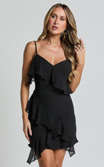 Zaria Mini Dress - Asymmetric Frill Detail Mini Dress in Black