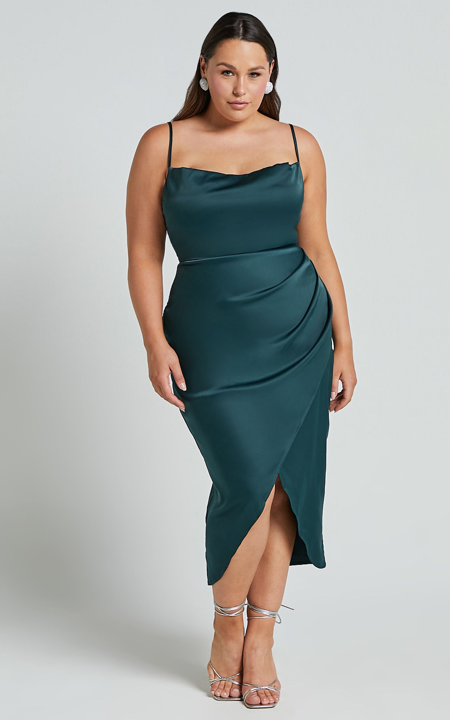 Dazzling Lights Midi Dress - Cowl Neck Draped Dress in Emerald Satin