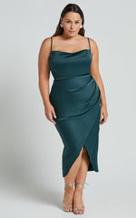 Dazzling Lights Midi Dress - Cowl Neck Draped Dress in Emerald Satin