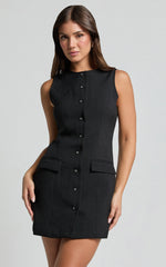 Yasmine Mini Dress - Button Down Boucle Dress in Black