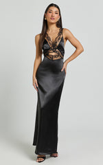 Alysia Maxi Dress - V Neck Lace Detail Slip Dress in Black