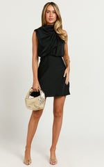 Schantal Mini Dress - Drape Neck Satin Slip Dress in Black