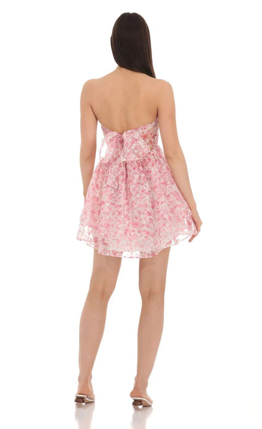 Floral Shimmer Cutout Babydoll Dress in Pink