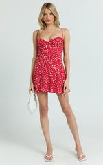 Hilton Mini Dress - Ruched Bust Slip Dress in Red Floral