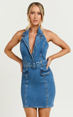 Remi Mini Dress - Halter Belt Denim Dress in Dark Blue Wash