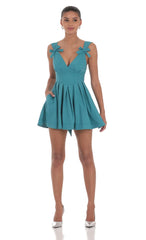 Double Bow A-Line Dress in Turquoise Blue