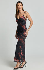 Rashida Midi Dress - V Neck Mesh Printed Dress in Dark Tie Dye