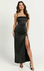 Alexa Midi Dress - Satin Square Neck Slip Dress in Black