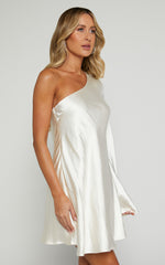 Karla Mini Dress - One Shoulder Long Sleeve Dress in Pearl