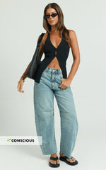 Ada Jeans - Mid Waisted Recycled Denim Horseshoe Jeans in Mid Blue Wash