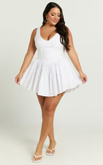 Ashlyn Mini Dress - Scoop Neck V Waist Gathered Dress in White