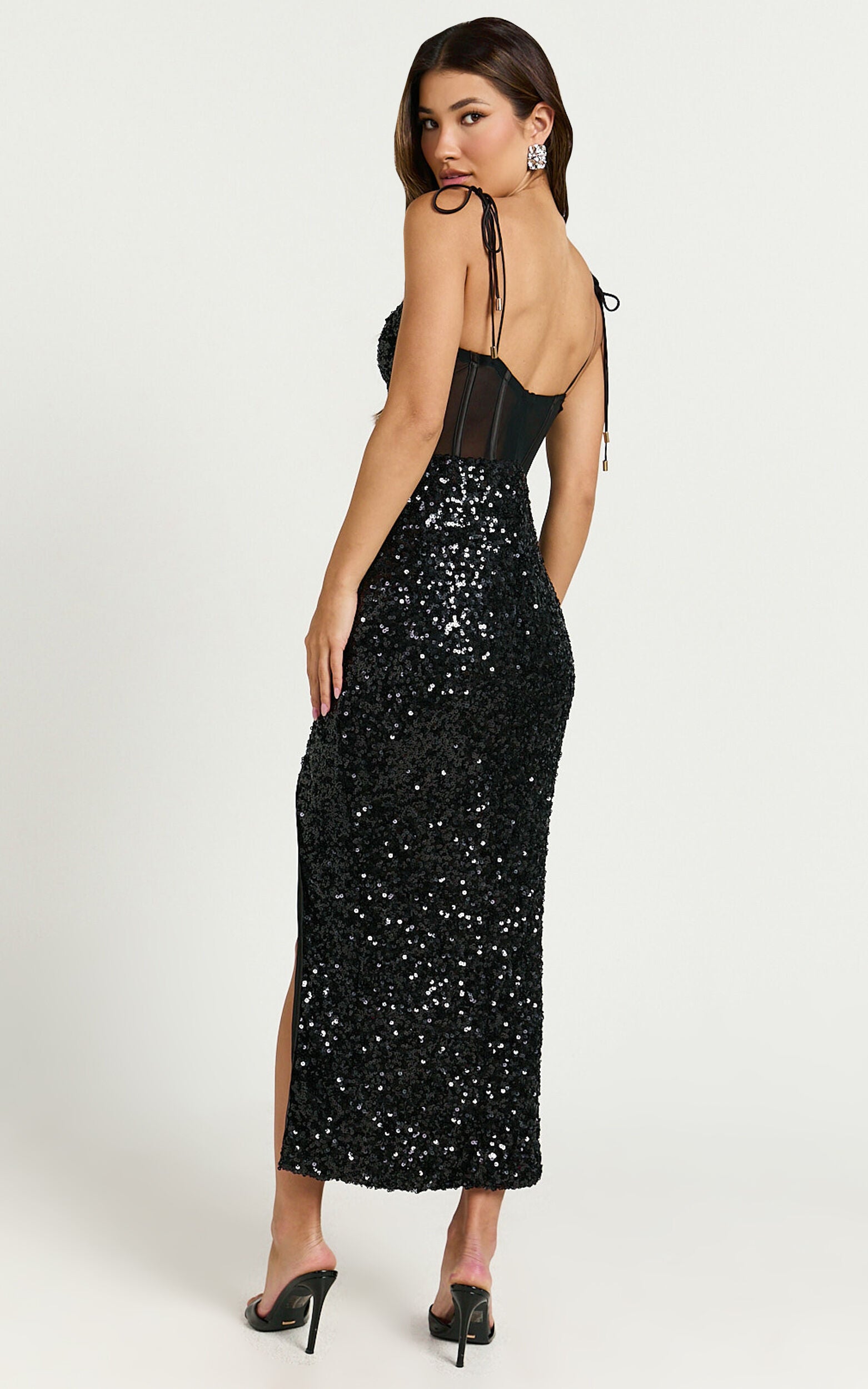 Juliet Midi Dress - Sequin Bustier Shoulder Tie Thigh Split Dress in Black