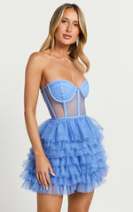 Amalie The Label - Meredith Strapless Tulle Tiered Bustier Mini Dress in Blue