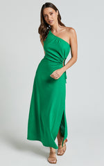 Kari Midi Linen Dress - One Shoulder Slip Dress in Green
