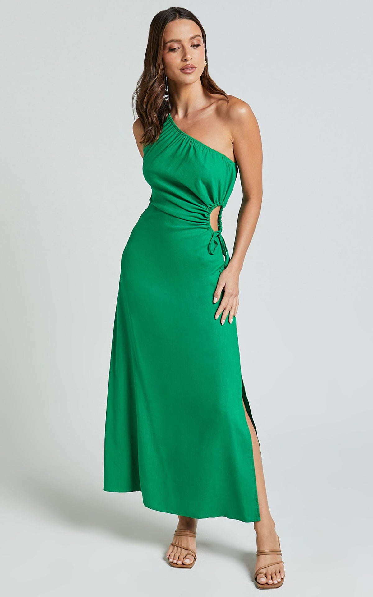 Kari Midi Linen Dress - One Shoulder Slip Dress in Green