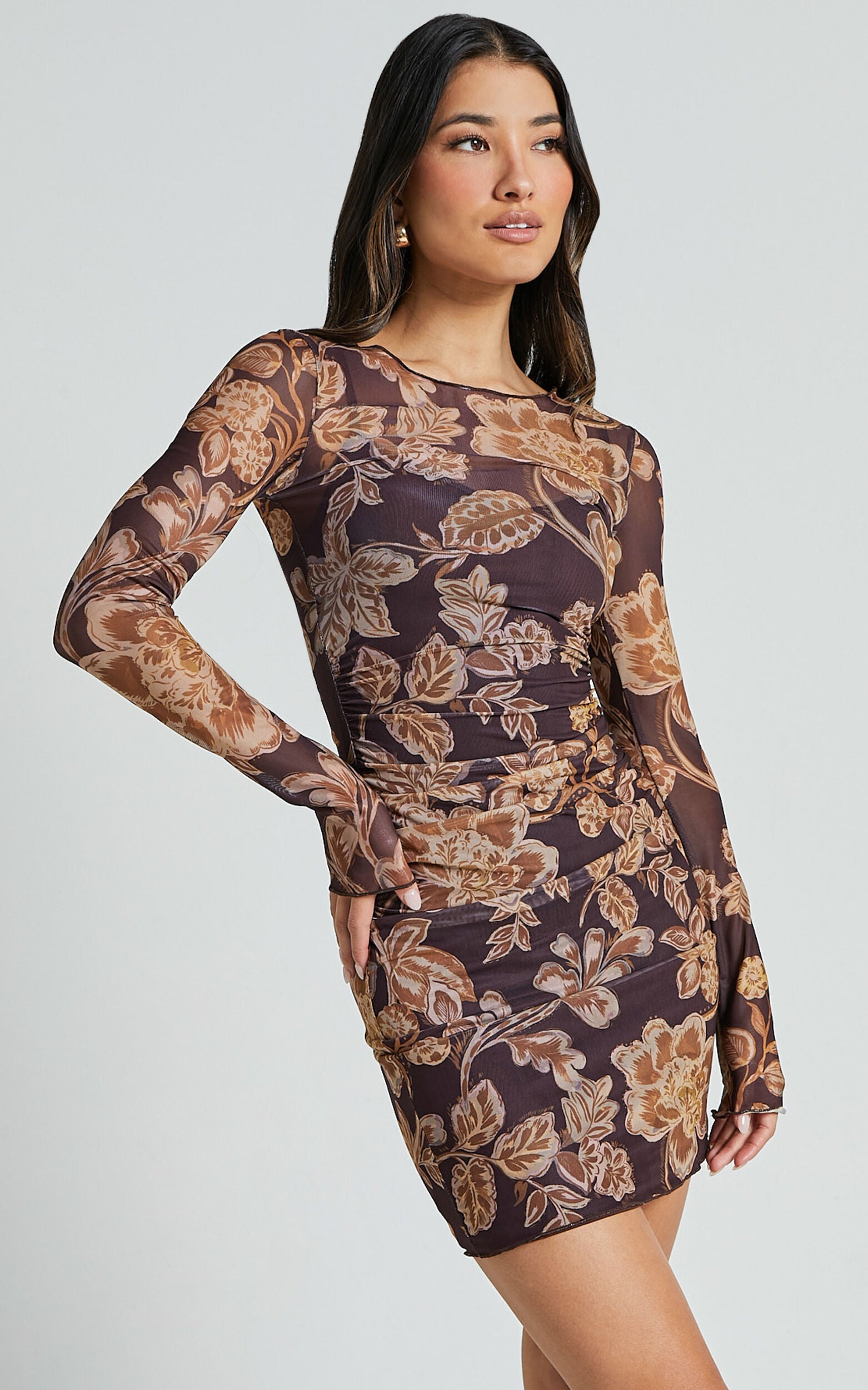 Livi Mini Dress - Long Sleeve Mesh Bodycon Dress in Amber Bloom Print