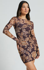 Livi Mini Dress - Long Sleeve Mesh Bodycon Dress in Amber Bloom Print