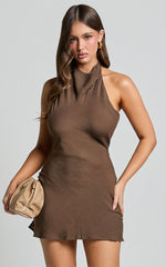 Martine Mini Dress - Halter Cowl Neck Low Tie Back Dress in Brown
