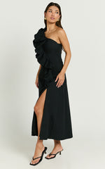 Rita Midi Dress - One Shoulder Ruffle Detail Dress in Black