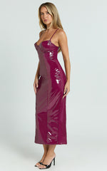 Callie Midi Dress - PU Sweetheart Neck Back Split Bodycon Dress in Dark Cherry