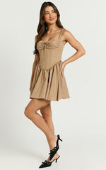Jonas Mini Dress - Corset Ruched Lace Trim Dress in Neutral