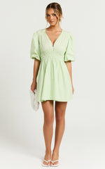 Francesca V Neck Puff Sleeves Mini Dress in Green