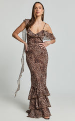 Riley Maxi Dress - Asymmetric Ruffle Detail Maxi Dress in Tonal Leopard