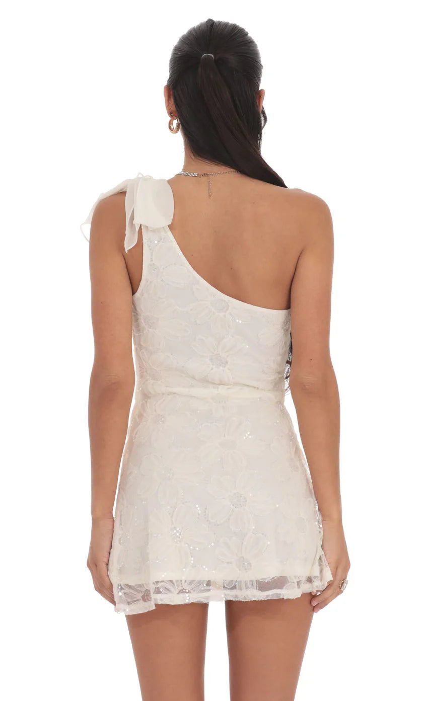 One Shoulder Sequin Floral Dress in Ivory
