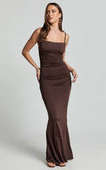 Imogen Maxi Dress - Strappy Ruched Slip Dress in Chocolate