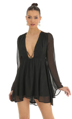 Chiffon Plunge Neck Dress in Black