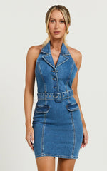 Remi Mini Dress - Halter Belt Denim Dress in Dark Blue Wash