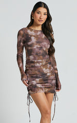 Amira Mini Dress - Ruched Mesh Dress in Rustic Haze Print